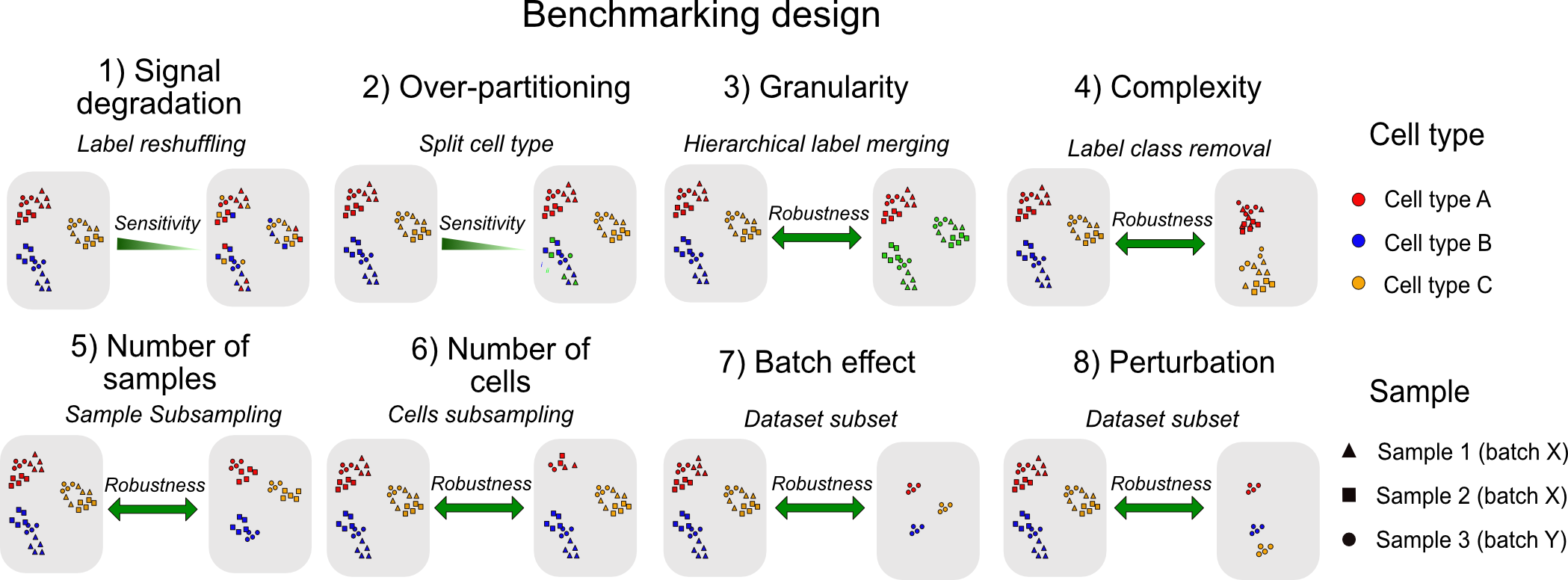 Benchmarking design used to evaluate ISC metric behavior across eight criteria. Semi-synthetic perturbations were applied to 31 real scRNA-seq datasets to assess: (1) sensitivity to cell type signal degradation via progressive label reshuffling; (2) sensitivity to cell type over-partitioning by splitting a cell type into closely related subtypes; (3) robustness to annotation granularity through hierarchical label merging; (4) robustness to cellular complexity by removing subsets of cell types; (5) robustness to the number of samples via sample subsampling; (6) robustness to the number of cells per cell type via cell subsampling; (7) robustness to batch effects by comparing within-batch and pooled analyses; and (8) robustness to biological perturbations by comparing condition-specific and combined datasets.